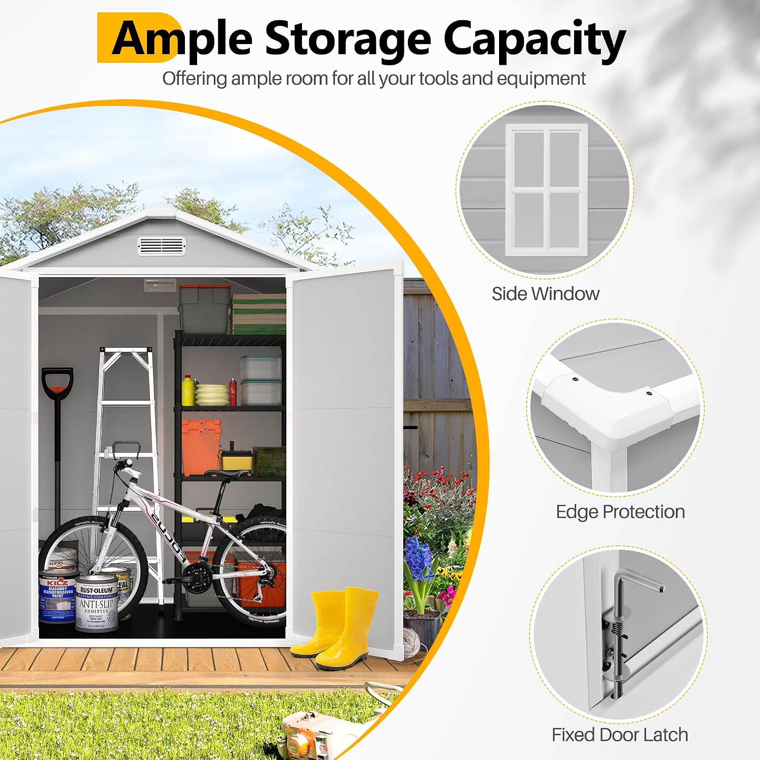 HUGROVE 6×4ft Outdoor Storage Shed with Floor, Waterproof & UV-Resistant Resin Garden Shed for Backyard with Lockable Double Doors, Air Vents & Side Window (Light Gray)