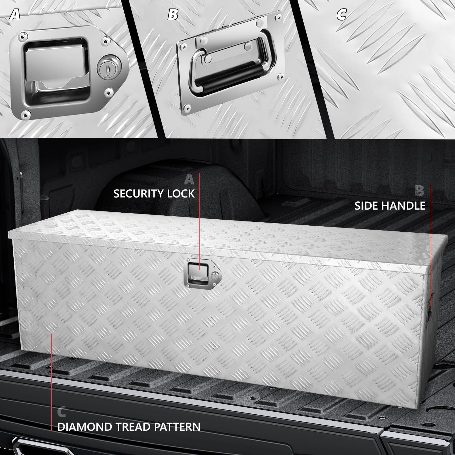 DNA MOTORING Truck Tool Box Lockable Storage Box, Truck Bed Tool Box Truck Bed Organizer Aluminum Truck Tool Boxes for Bed of Truck, w/Lock & Keys, 47'L X 15' D X 15' H Silver, TBOX-T5-001-ALU