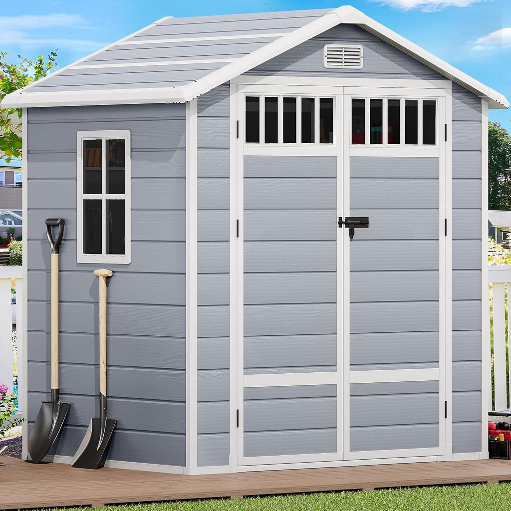 DWVO 6x4.4 FT Resin Storage Shed with Fence-Style and Side Windows, Lockable Door, and Vents for Garden, Backyard, Patio, Lawn, Gray