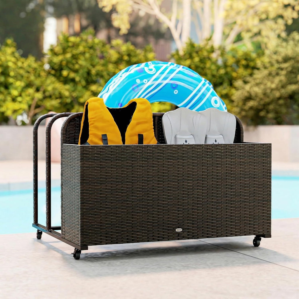 Outsunny Wicker Pool Float Storage Organizer, PE Rattan Outdoor Pool Float Holder with Rolling Wheels for Noodles, Life Vests, Beach Balls, Garden Furniture, Mixed Brown