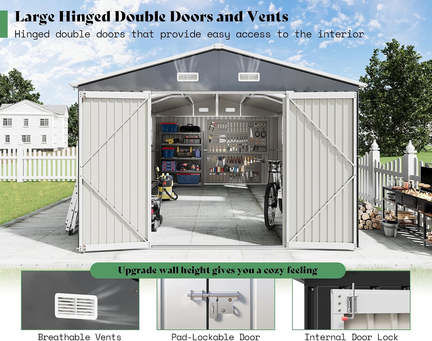 AMERLIFE 10x16x7 FT Outdoor Storage Shed with 2 Transparent Panels, Metal Garden Shed with Hinged Double Doors, 4 Windows & 4 Vents, Reinforced Steel Frame for Backyard, Garden, Dark Gray