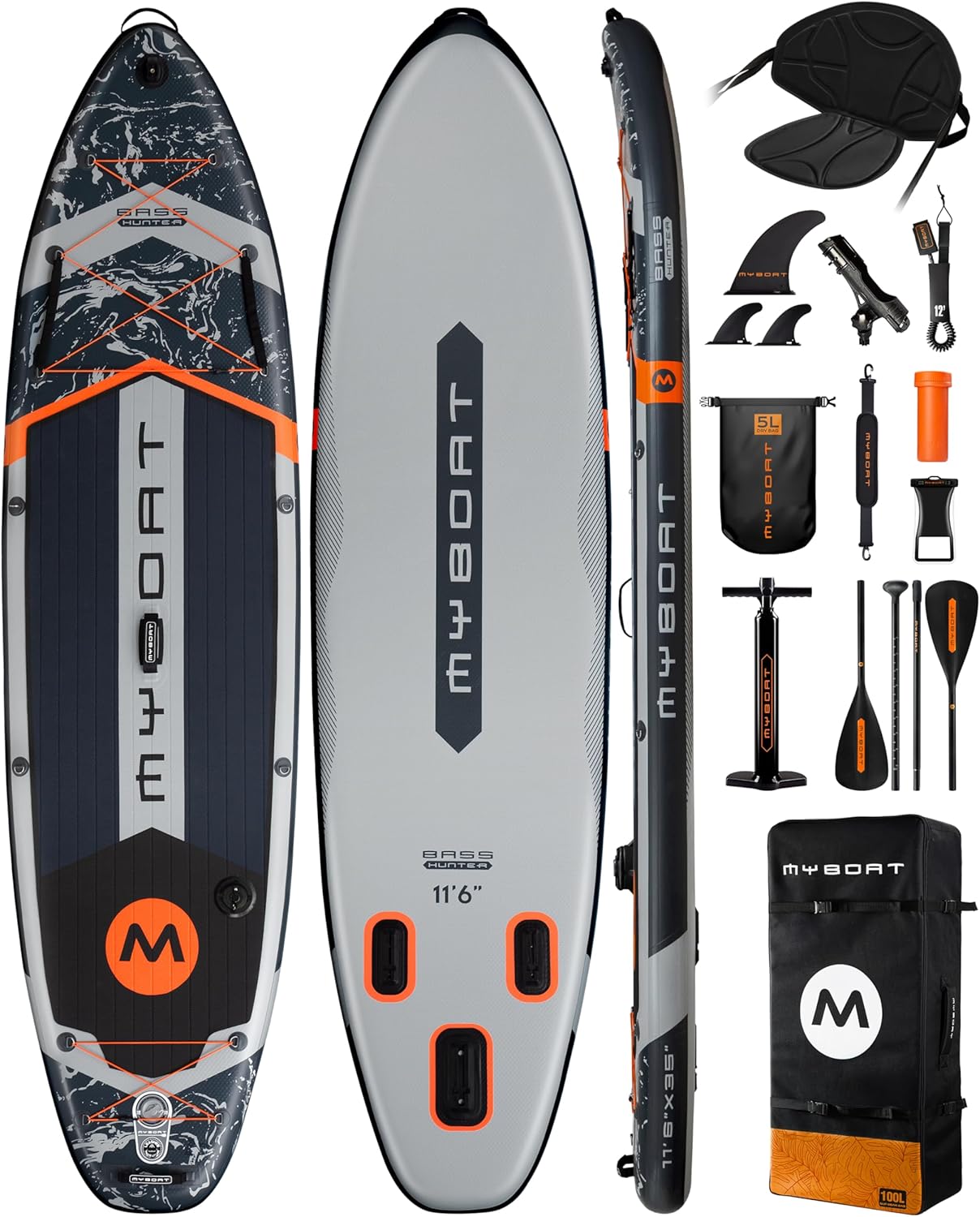 MYBOAT 11'6'×34'×6' Extra Wide Inflatable Paddle Board, Stand Up Paddle Board for Fishing, Sup Board with 3 Removable Fins, Dual Bungees, Camera Mount, Hand Pump, Strong Paddle,Leash
