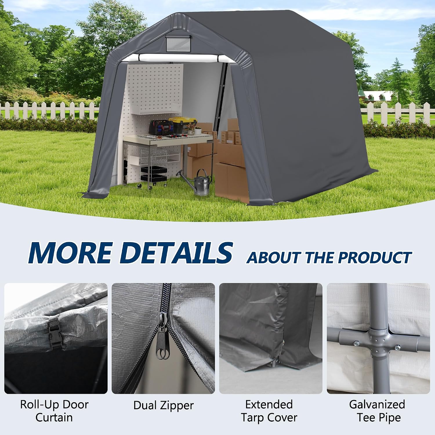 COVERONICS 8' x 14' Outdoor Storage Shed - Heavy Duty Portable Shelter Carport with Ventilation Windows and Roll-up Doors, Storage Shelter Tent for Motorcycle, Bike, Lawnmower and Garden Tools, Grey