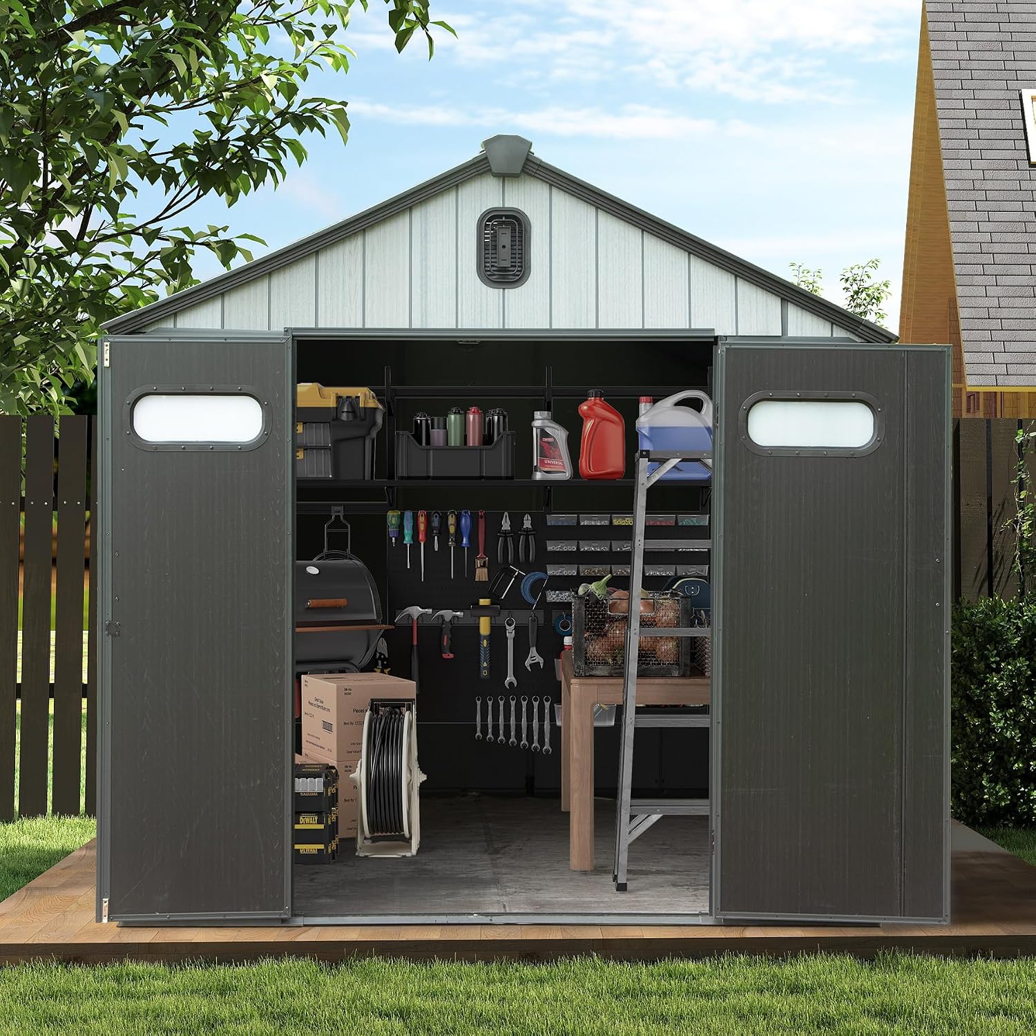 Domi 8x8FT Resin Outdoor Storage Shed with Lockable Door, Waterproof Outside Sheds with Windows & Vents, Heavy-Duty Plastic Tool Storage Shed for Patio Furniture, Lawn Mower, Bike