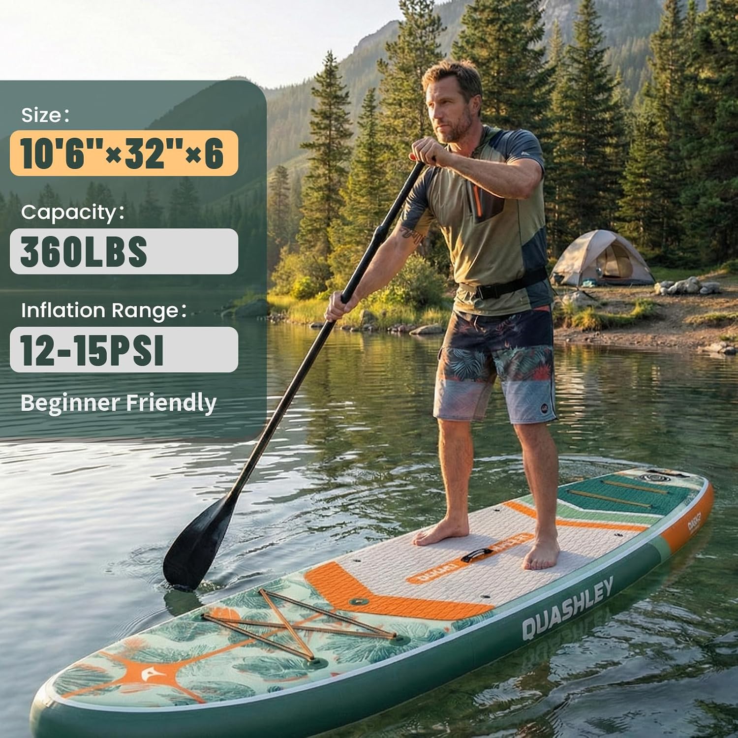 Quashley Inflatable Paddle Board Extra Wide Stand Up Paddleboards 11'×34' with All Premium Paddle Board Accessories,Inflatable SUP for Adults/Family,Beginner-Friendly,Removable Fin,Hand Pump