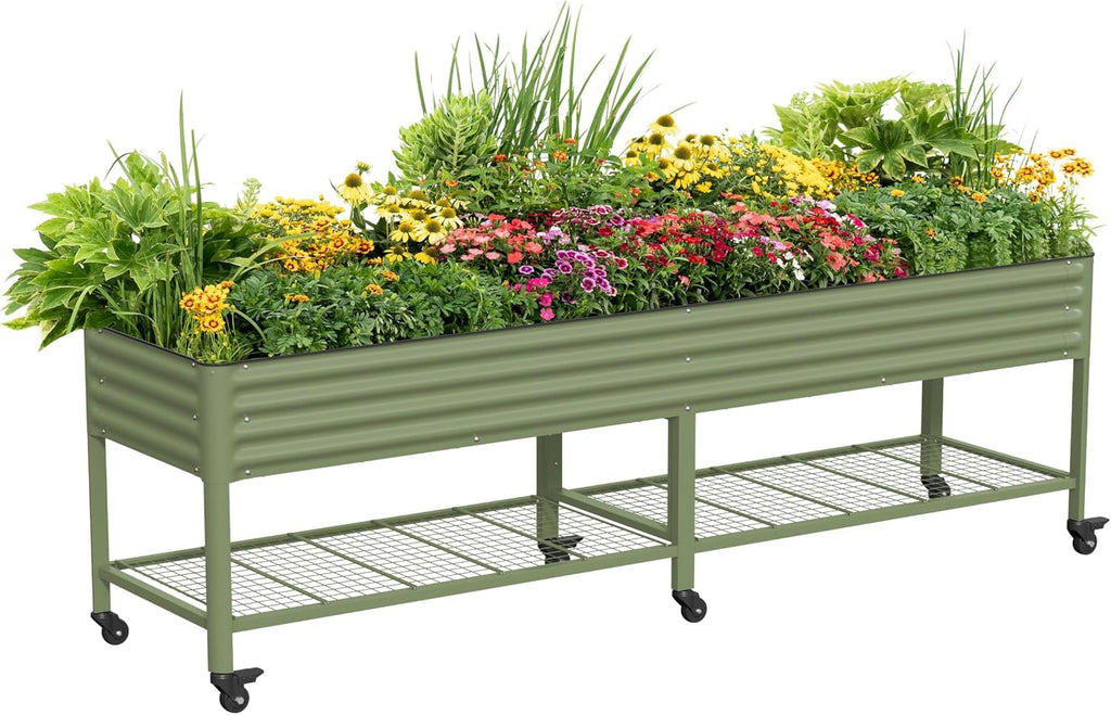 Rolling Elevated Raised Garden Bed - Jumbo Series, 2.5' x 10' Outdoor Planters Boxes with Legs & Storage Rack for Patio, 2000+ Lbs Weight Capacity, Raised Beds for Gardening Herbs Flowers, Olive Green