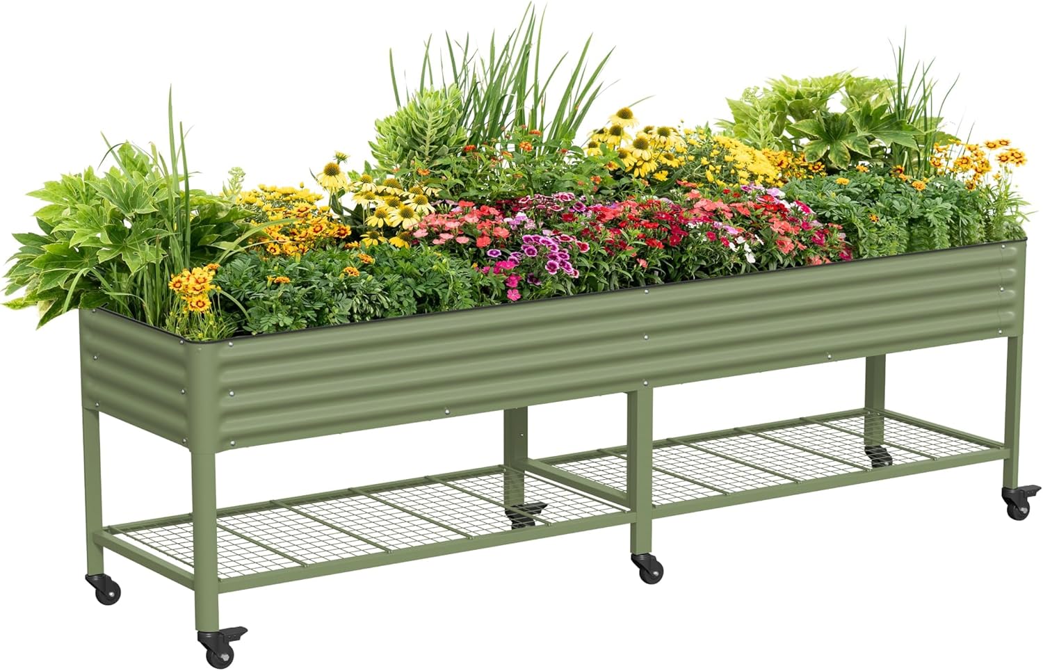 Rolling Elevated Raised Garden Bed - Jumbo Series, 2.5' x 10' Outdoor Planters Boxes with Legs & Storage Rack for Patio, 2000+ Lbs Weight Capacity, Raised Beds for Gardening Herbs Flowers, Olive Green