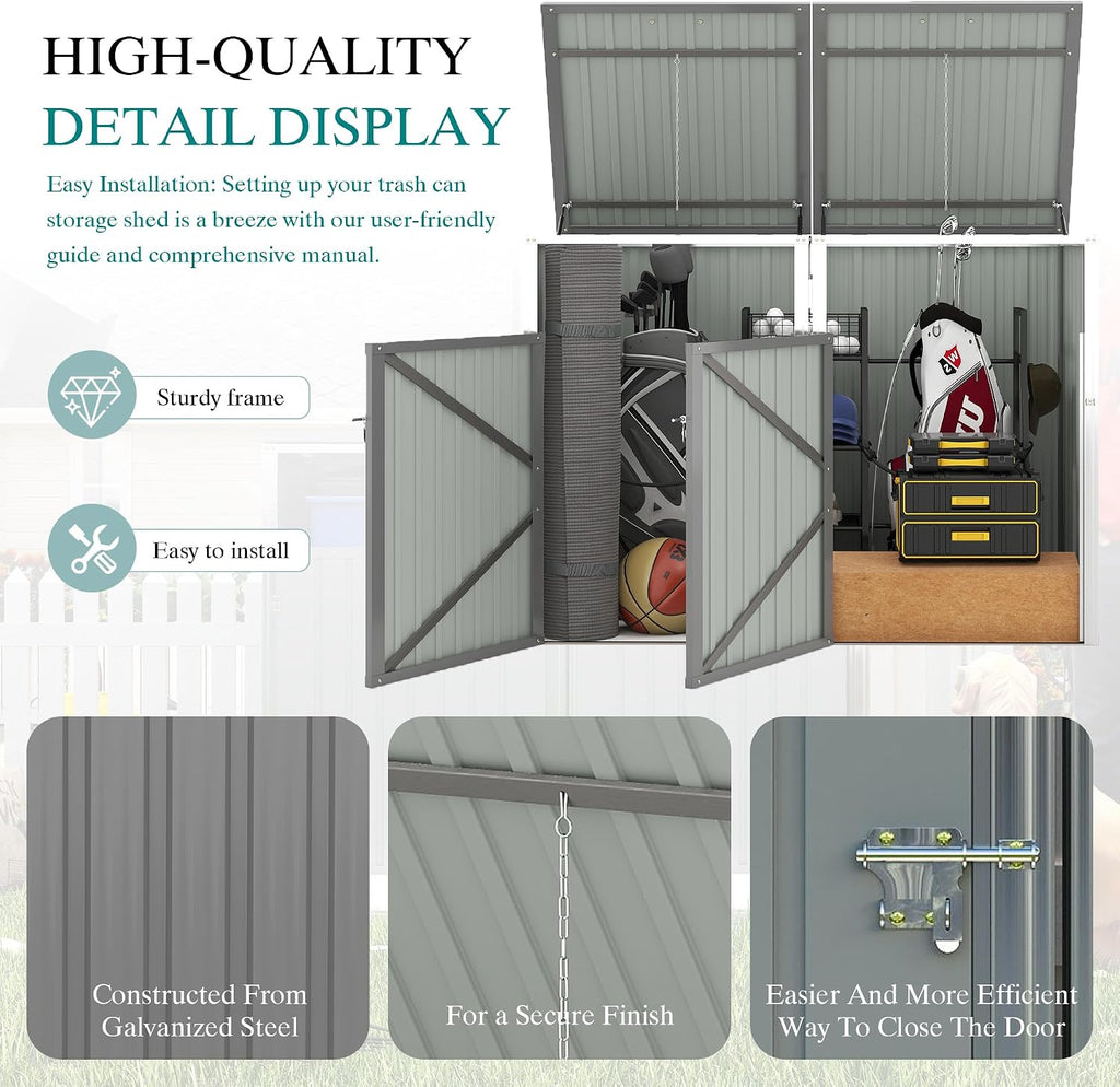 Garbage Bin Storage Shed for 2 Trash Cans, 54 Cu Ft Outdoor Metal Trash Can Enclosure, Galvanized Steel Utility Shed for Garden, Yard, Lawn, Snow Prevention，Easy Assembly (Light Gray, 2 Doors)