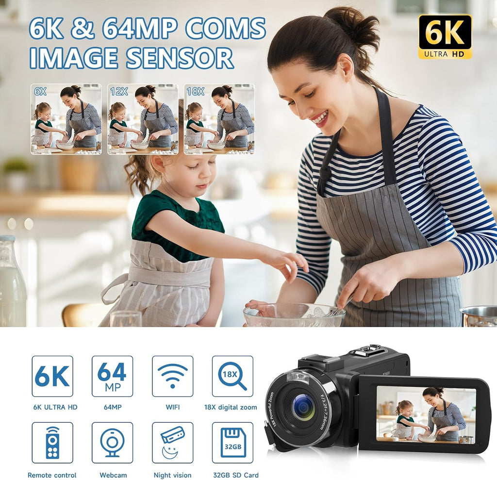 VETEK Video Camera Camcorder, 6K 64MP IR Night Vision Vlogging Camera 18X Zoom WiFi Digital Camera for YouTube 3.0'' Touch Screen Recorder with 32GB SD Card, Microphone & 2.4G Remote Control