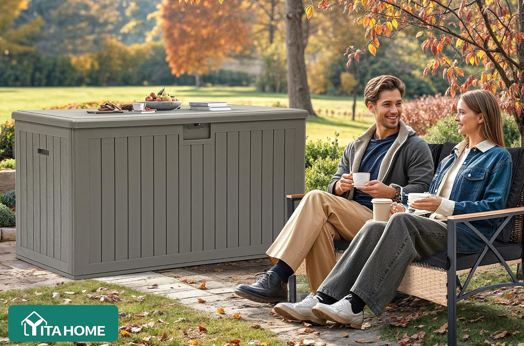 YITAHOME 220 Gallon Double-Wall Deck Box with Divider & Side Handles, Outdoor Large Storage for Patio Furniture Cushions, Garden Pool Accessories, Water Resistant & Lockable