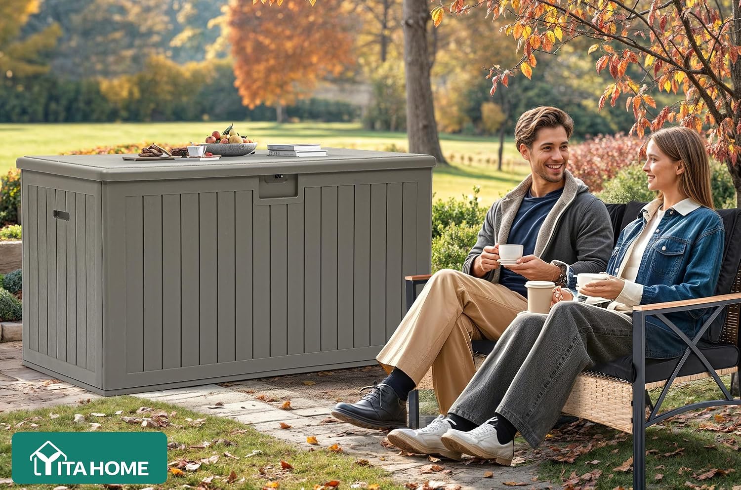 YITAHOME 220 Gallon Double-Wall Deck Box with Divider & Side Handles, Outdoor Large Storage for Patio Furniture Cushions, Garden Pool Accessories, Water Resistant & Lockable