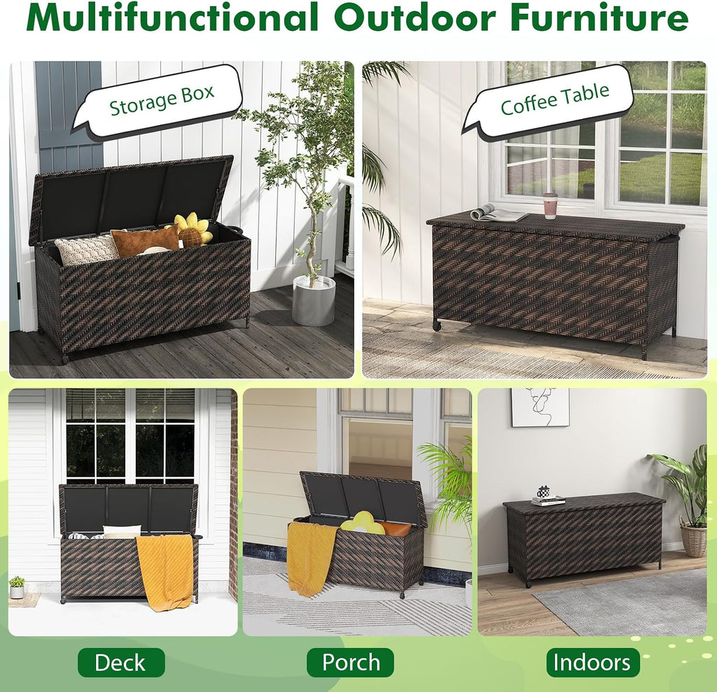 Tangkula Tightly-Woven Rattan Deck Box, Patiojoy Storage Cabinet Container with Polyester Liner, Universal Wheels & Gas Strut, 85 Gallon Indoor Outdoor Storage Box for Pillows, Cushions (Brown)
