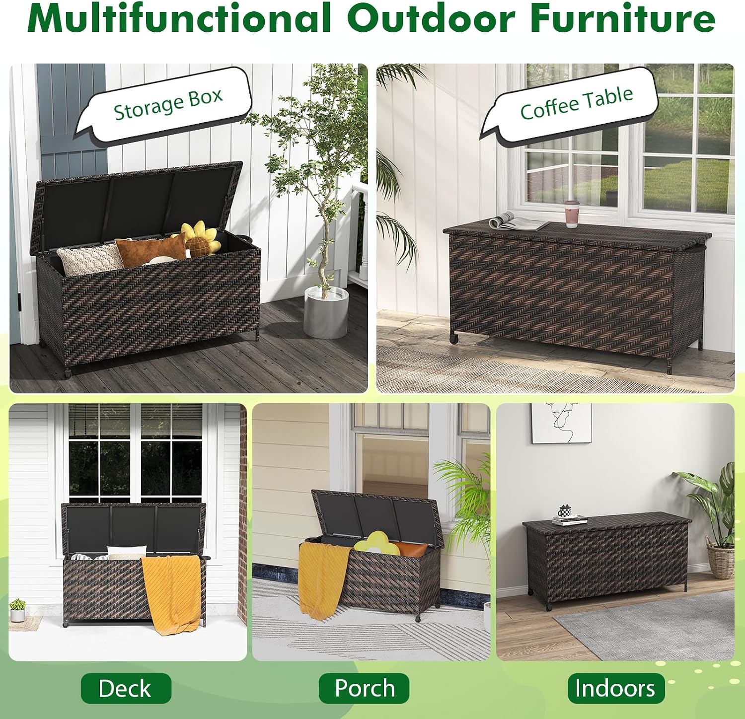 Tangkula Tightly-Woven Rattan Deck Box, Patiojoy Storage Cabinet Container with Polyester Liner, Universal Wheels & Gas Strut, 85 Gallon Indoor Outdoor Storage Box for Pillows, Cushions (Brown)