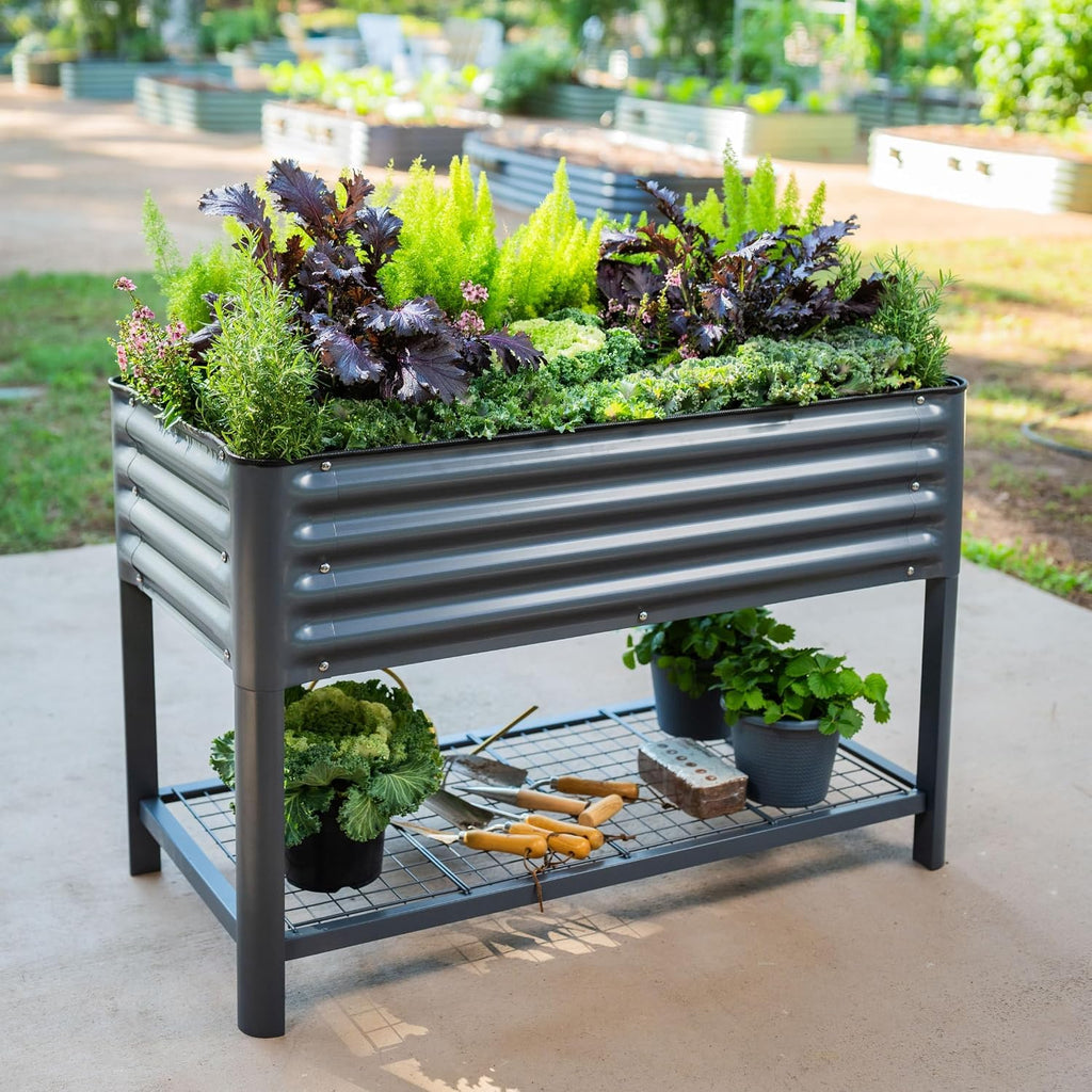 Elevated Raised Garden Bed-V Series, 2' x 4' Garden Beds with Legs & Storage Rack for Patio Porch, 700 Lbs Weight Capacity, Outdoor Planter Boxes for Gardening Herbs Vegetables Flowers, Modern Gray
