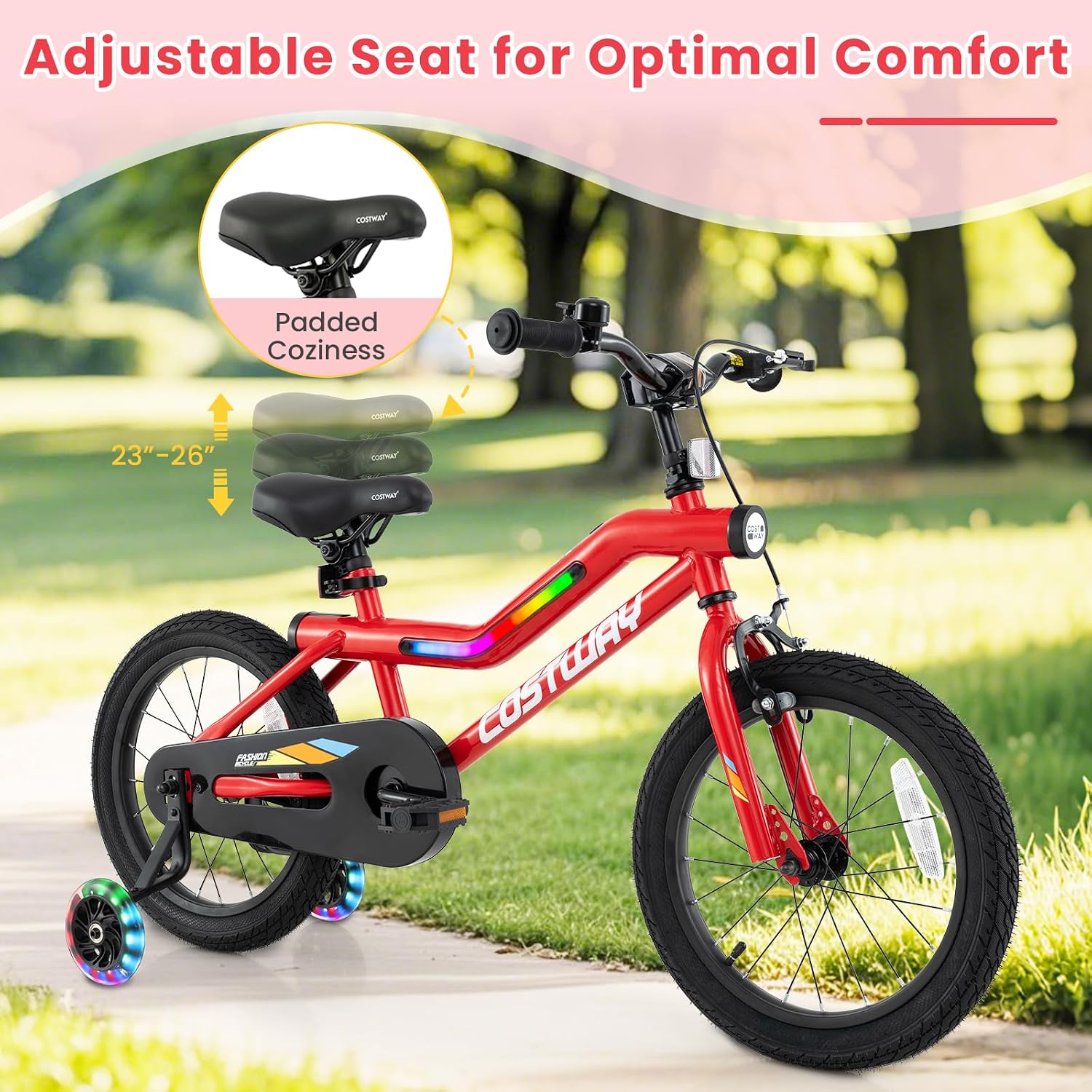 COSTWAY 16'/18' Lighted Kids Bike, Children Sport Bicycle with LED Light-up Frame, Adjustable Saddle, Training Wheels, Handbrake & Coaster Brake, Kids Riding Bike for 4-7/4-8 Years Old Boys & Girls