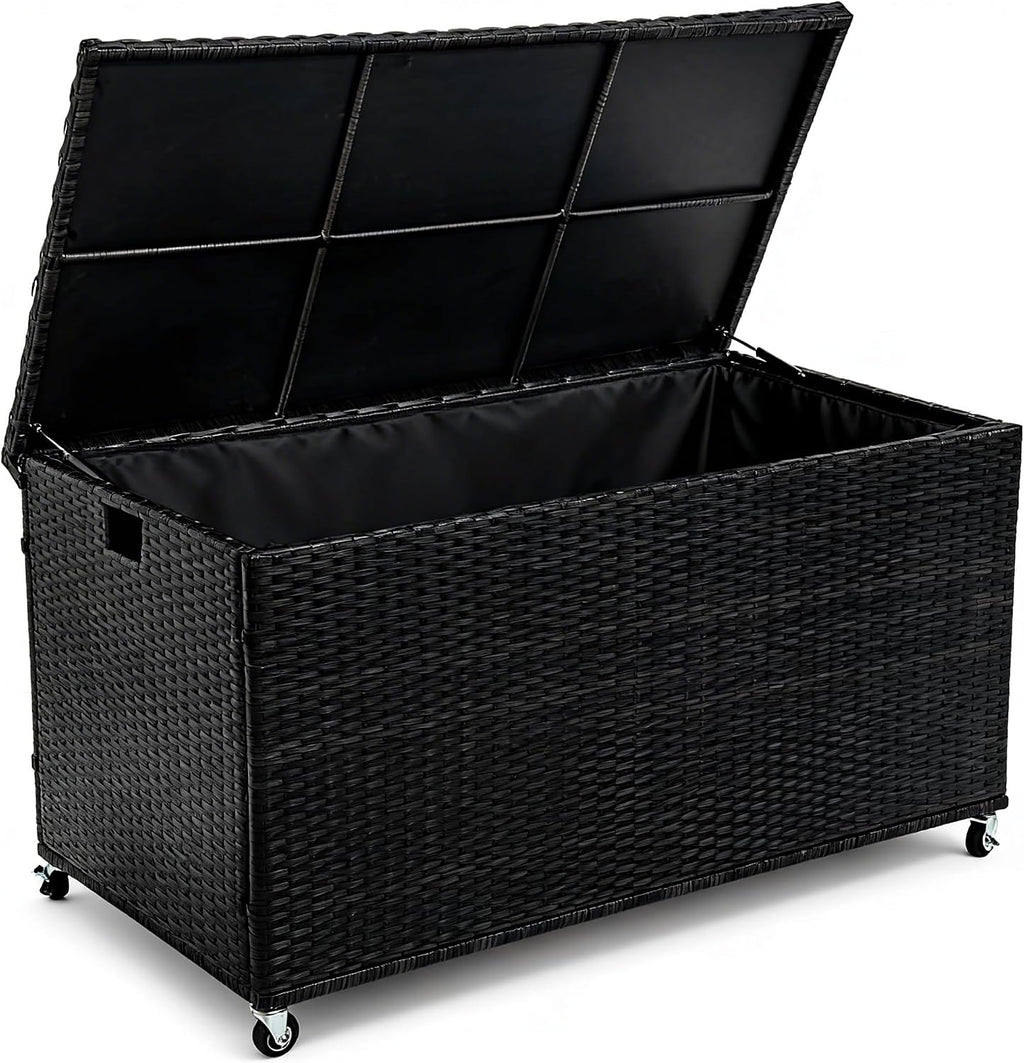 Outdoor 170 Gallon Water-Resistant Wicker Storage Box with Wheels, PE Rattan Deck Box with Waterproof Liner for Outside, Patio Storage Container with Hinged Lid, Horizontal Bin, Black