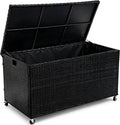 Outdoor 170 Gallon Water-Resistant Wicker Storage Box with Wheels, PE Rattan Deck Box with Waterproof Liner for Outside, Patio Storage Container with Hinged Lid, Horizontal Bin, Black