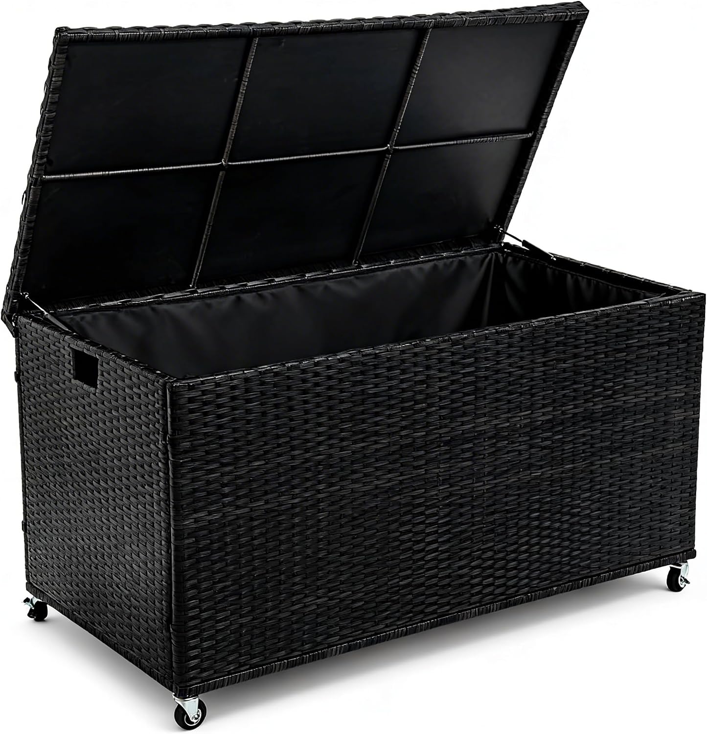 Outdoor 170 Gallon Water-Resistant Wicker Storage Box with Wheels, PE Rattan Deck Box with Waterproof Liner for Outside, Patio Storage Container with Hinged Lid, Horizontal Bin, Black