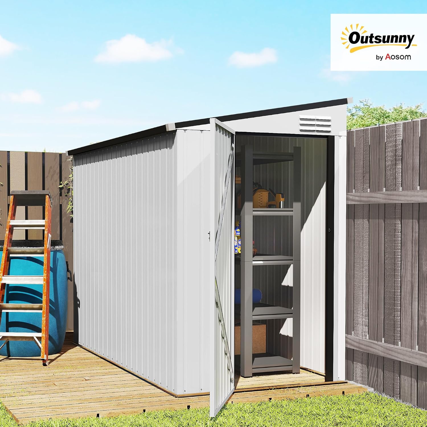 Outsunny 4' x 7.7' Metal Outdoor Storage Shed, Lean to Storage Shed, Garden Tool Storage House with Lockable Door and 2 Air Vents for Backyard, Patio, Lawn, White
