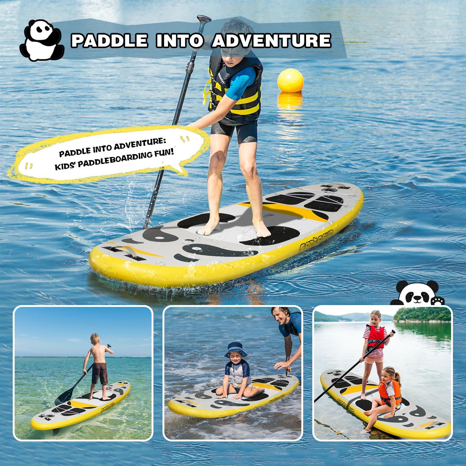 Kids Inflatable Paddle Board, 8ft Panda - Stand Up Paddle Board with Accessories, Durable & Stable Design, Wide Non-Slip Deck, Hand Pump for Youth & Kids
