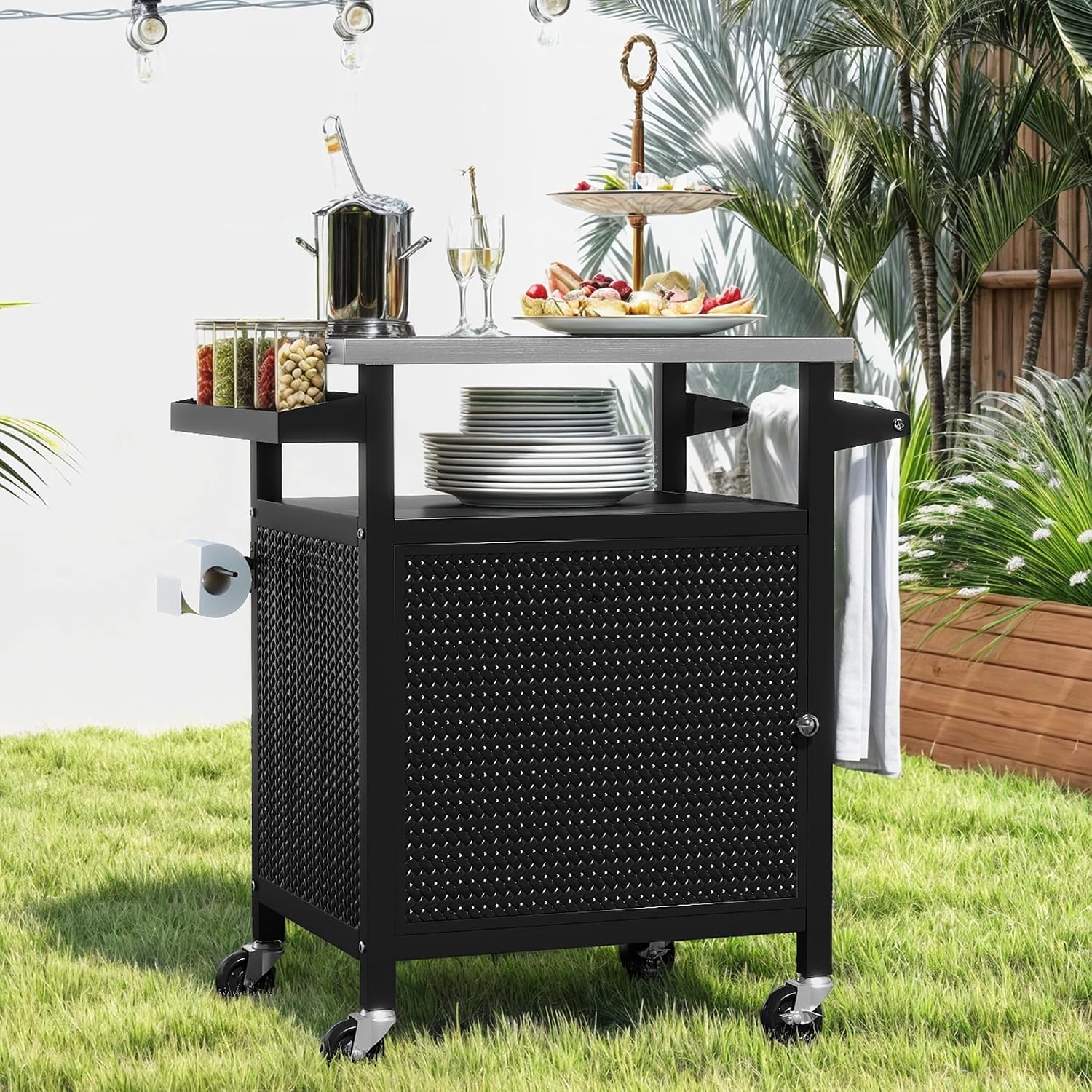 DWVO Outdoor Grill Table,Outdoor Kitchen Island with Stainless Steel Top and Wheels,Grilling Cart for Kitchen Prep,BBQ,Grilling Accessories