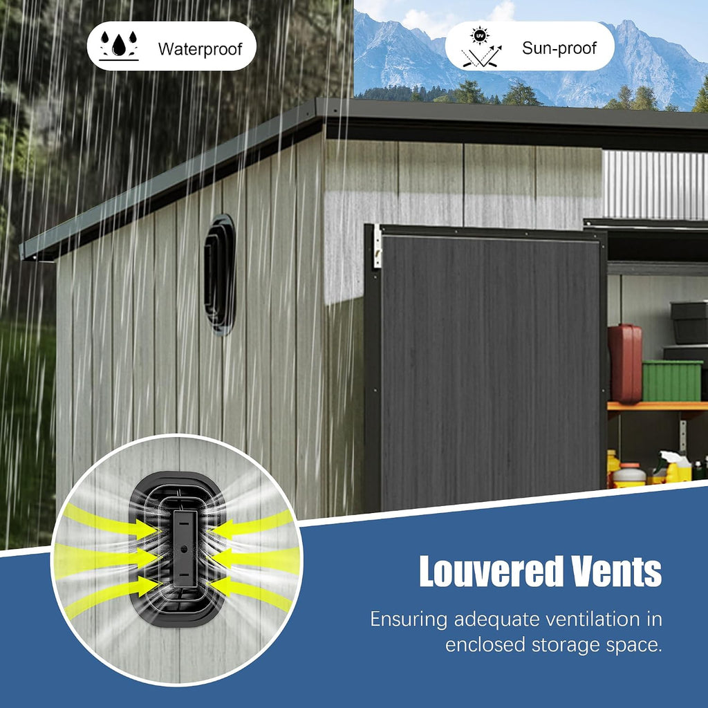 Domi 6x8FT Outdoor Resin Storage Shed with Transparent Windows & Louvered Vents, Plastic Tool Shed with Double Lockable Doors & Sloping Roof, Outside Garden Shed for Backyard, Patio, Lawn, Grey