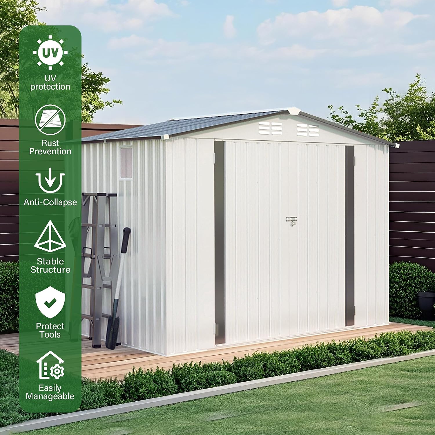 8x6 FT Outdoor Storage Shed, Metal Garden Shed with Window, Outside Tool Sheds with Lockable Hinged Doors, Waterproof Storage Building with 4 Air Vents for Backyard, Patio, Lawn, White