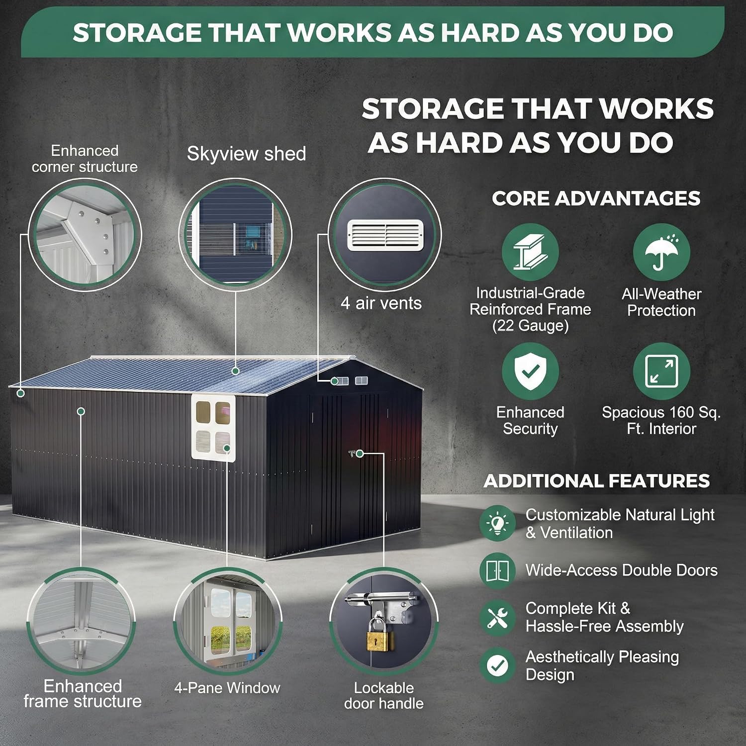 WACASA 10x16 FT Metal Shed with Base Frame Floor Kit | Heavy-Duty Military-Grade 20-Gauge Reinforced Frame with Powder Coating | 50 PSF Snow Load & 120 MPH Wind Rated | Skylight Tiny House Building