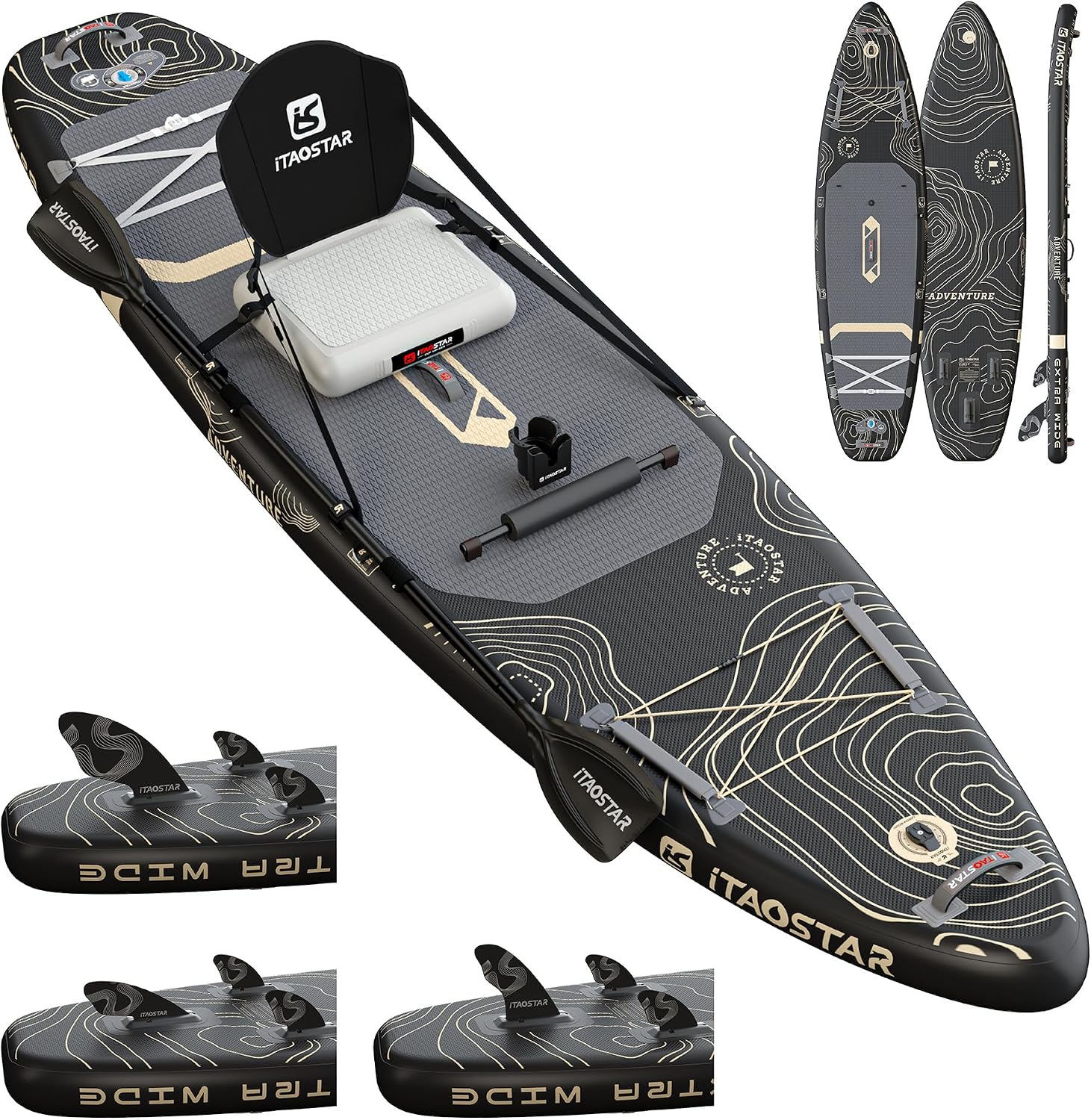 iTAOSTAR Adventure 12' × 35'/39' Inflatable Stand Up Paddle Board with Seat, Extra Wide SUP Board with 5 Fins Stable Design for Adults, Youth, All Skill Levels, Lakes, Oceans & Fishing