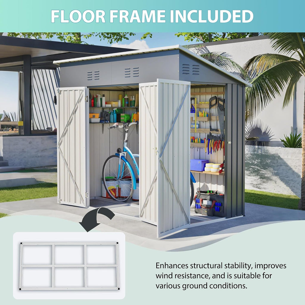 4' x 8' Metal Shed with Two Doors,Outdoor Lean to Storage Shed, Garden Tool Storage Cabinet for Backayrd, Patio and Outdoor Use,Grey