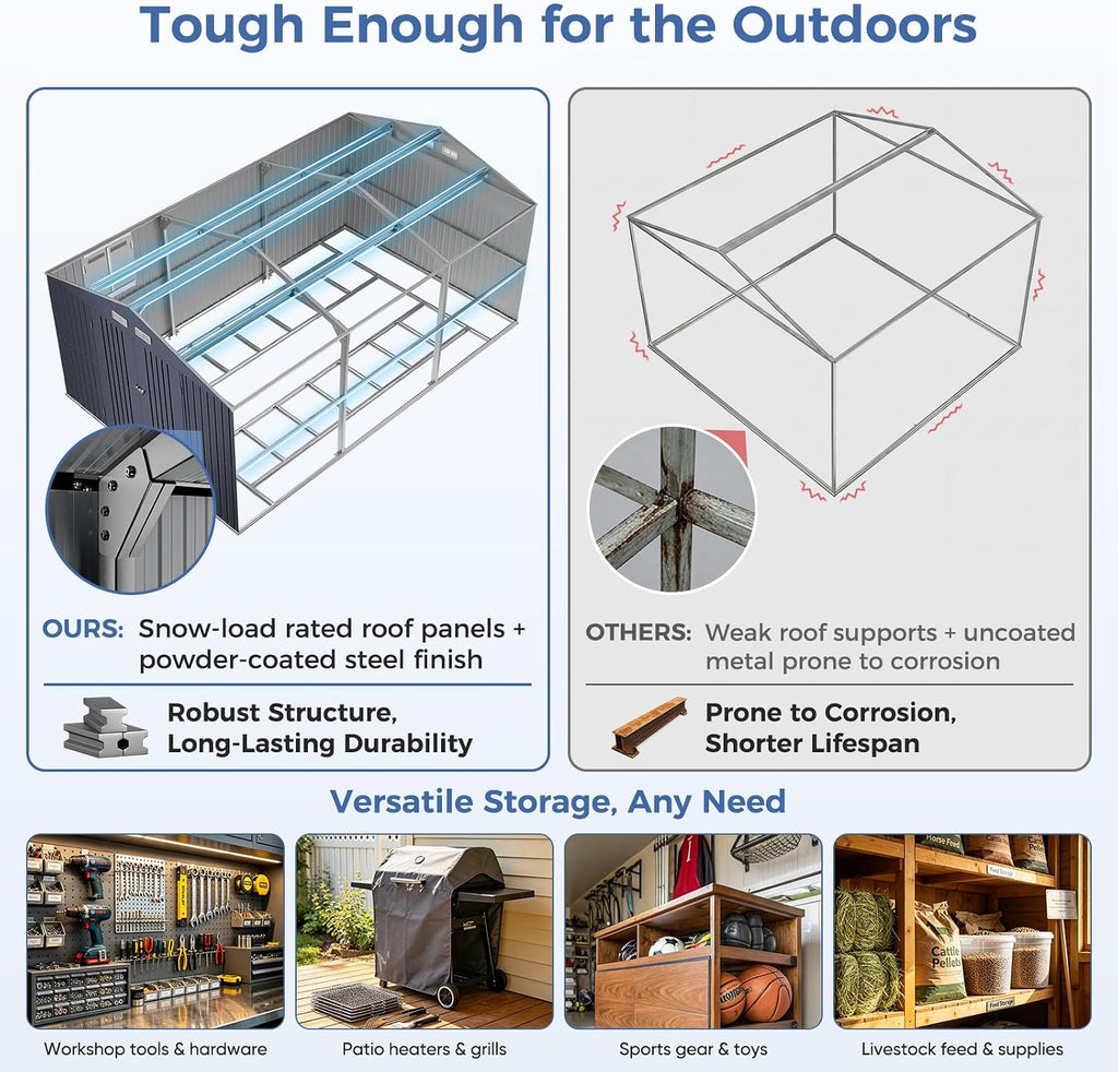 K Knowbody 10x16 FT Metal Shed with Floor Kit, 20-Gauge Reinforced Frame with Powder Coating, 50 PSF Snow Load & 120 MPH Wind Rated, Large Outdoor Storage Building with Skylight for Garden & Bike
