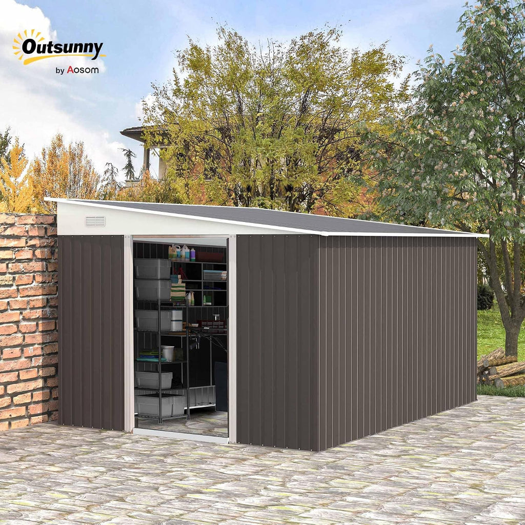 Outsunny 11' x 9' Outdoor Storage Shed, Metal Garden Tool House with Sloping Roof and Lockable Door for Backyard, Bike, Patio, Garage, Lawn, Gray