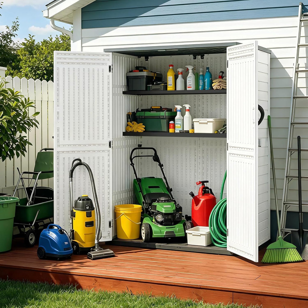 ZYJOYY 4.5 x 5.7 FT Outdoor Storage Shed, 59 Cuft Outside Waterproof Storage Cabinet, HDPE Resin Plastic 385 Gallon Outdoor Storage Container, Vertical Lockable Storage Shed, Light Grey