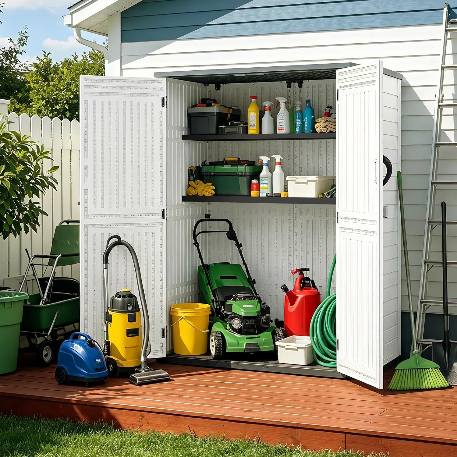 ZYJOYY 4.5 x 5.7 FT Outdoor Storage Shed, 59 Cuft Outside Waterproof Storage Cabinet, HDPE Resin Plastic 385 Gallon Outdoor Storage Container, Vertical Lockable Storage Shed, Light Grey