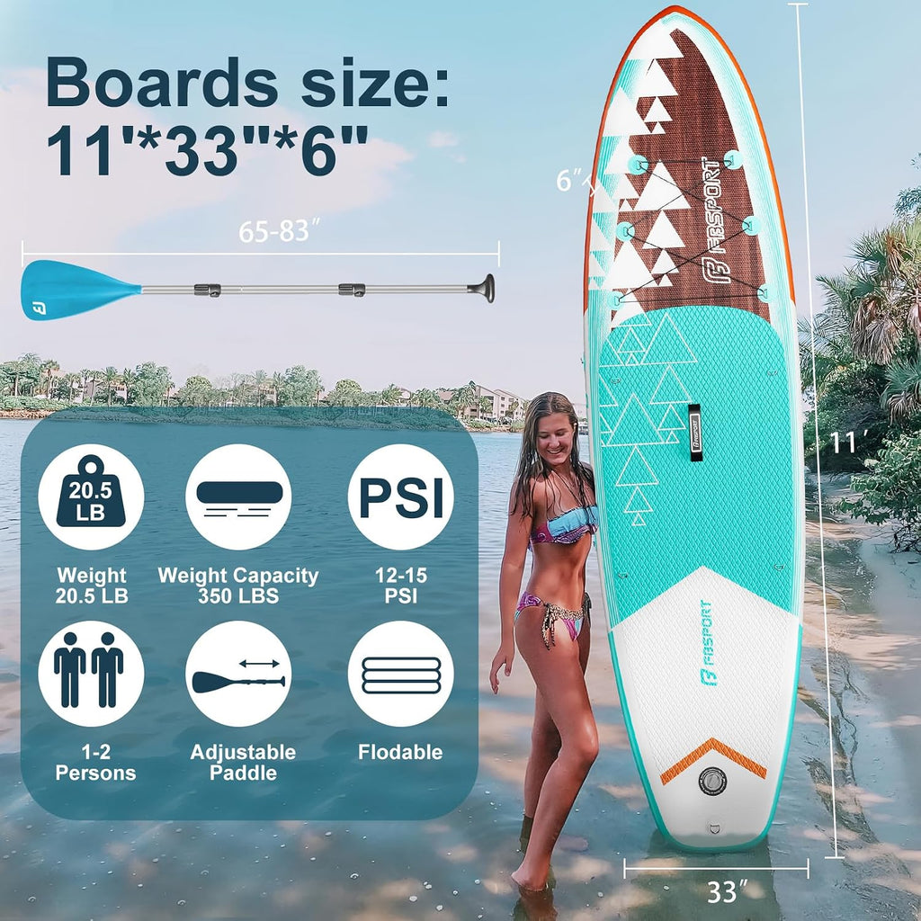FBSPORT 11' Premium Stand Up Paddle Board, Yoga Board with SUP Accessories & Carry Bag | Wide Stance, Surf Control, Non-Slip Deck, Leash, Paddle and Pump for Youth & Adult