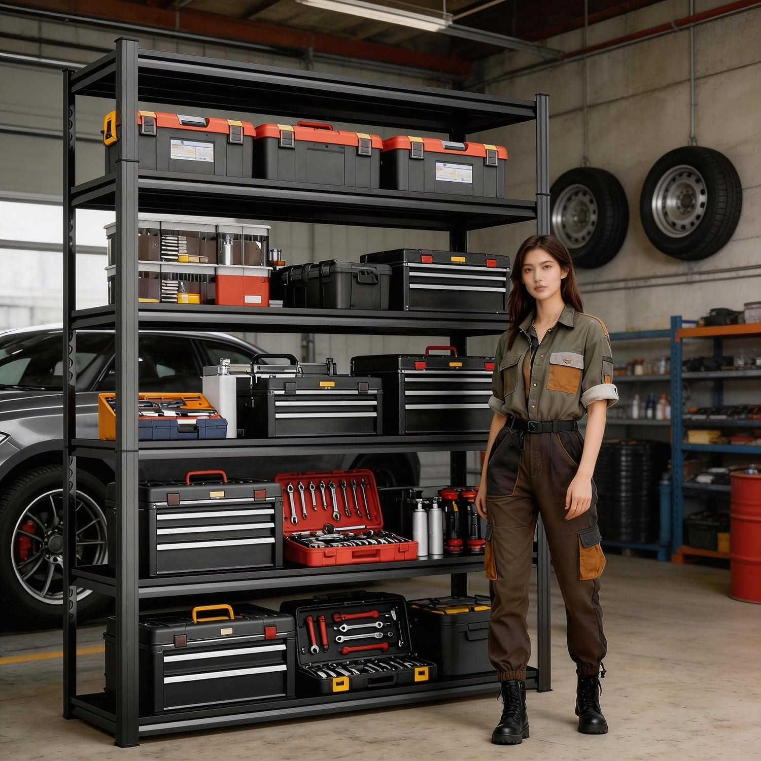 Storage Shelves, Garage Metal Shelving Unit, Adjustable, Double-Layer Column with Reinforced Ribs, Heavy-Duty, Capable of Bearing 600-3600 lbs (Black, 45''W*20''D*82''H, 6-Tier)