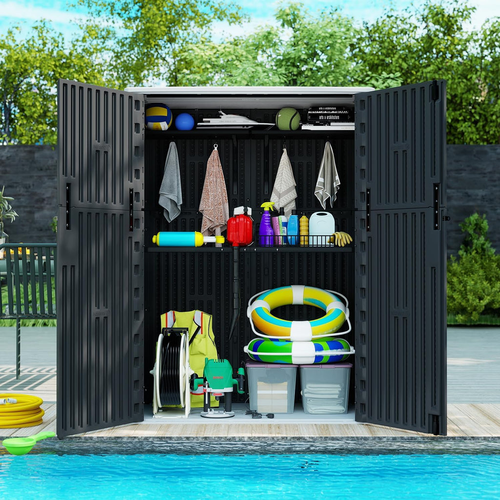 ZZM 57 Cu.ft Outdoor Storage Shed with Floor HDPE Double-Wall Resin Sheds Outdoor Storage, Lockable Weatherproof Storage Cabinet Fit for Garden Tools, Garage can, Bike, Patio Furniture, Black