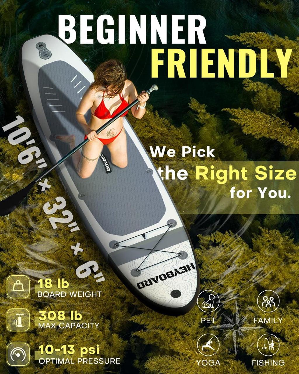 HEYBOARD Inflatable Stand Up Paddle Board 10'6'×32'×6' Standup Paddleboard with Premium SUP Accessories & Backpack, Non-Slip Deck, Waterproof Bag, Leash, Paddle, Hand Pump