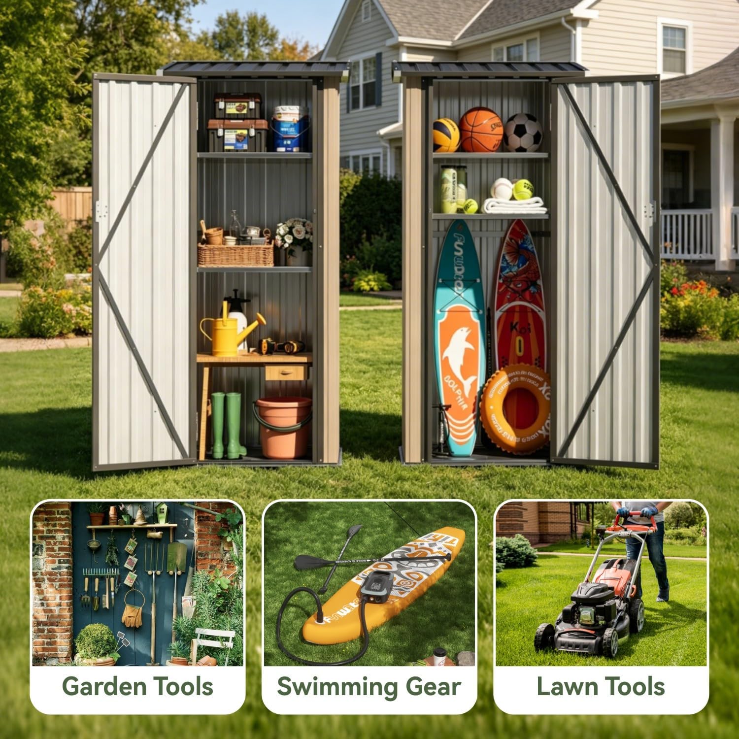 Aoxun Outdoor Storage Shed with Floor - Vertical Cabinet, 3x3 FT Metal Shed with 2 Adjustable Shelves & Lockable Doors Waterproof Tools Shed for Backyard, Garden, Patio, Lawn (Brown)