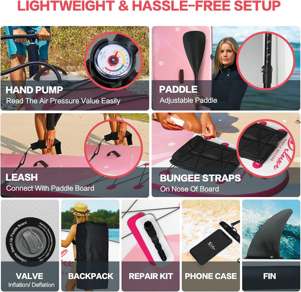 Inflatable Stand Up Paddle Board – Simple Deluxe Premium SUP for All Skill Levels, Pink Paddle Boards for Adults & Youth, Blow Up Stand-Up Paddleboards with Accessories & Backpack, Surf Control