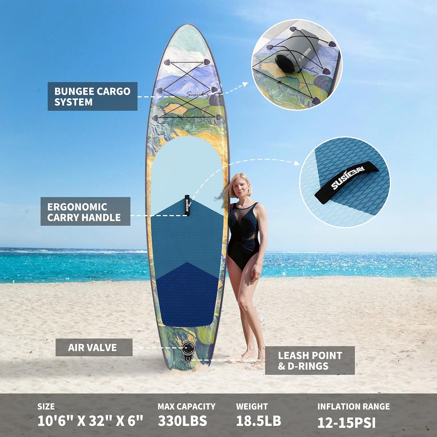 Inflatable Stand Up Paddle Board, 11ft 10'6' Paddle Board for Adults & Youth, Durable SUP Accessories with Non-Slip Deck, Dual Hand Pump,10L Dry Bag,108L Backpack