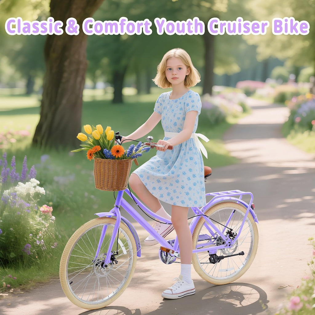 DEYGIA Kids Bike, Retro Cruiser Bike for Girls, 20 24 Inch 7-Speed Kids Bicycles for Ages 6-14 Girls Youth with Rattan Basket, Dual-Disc Brake Carbon Steel Frame Lightweight Bicycle, Multiple Colors