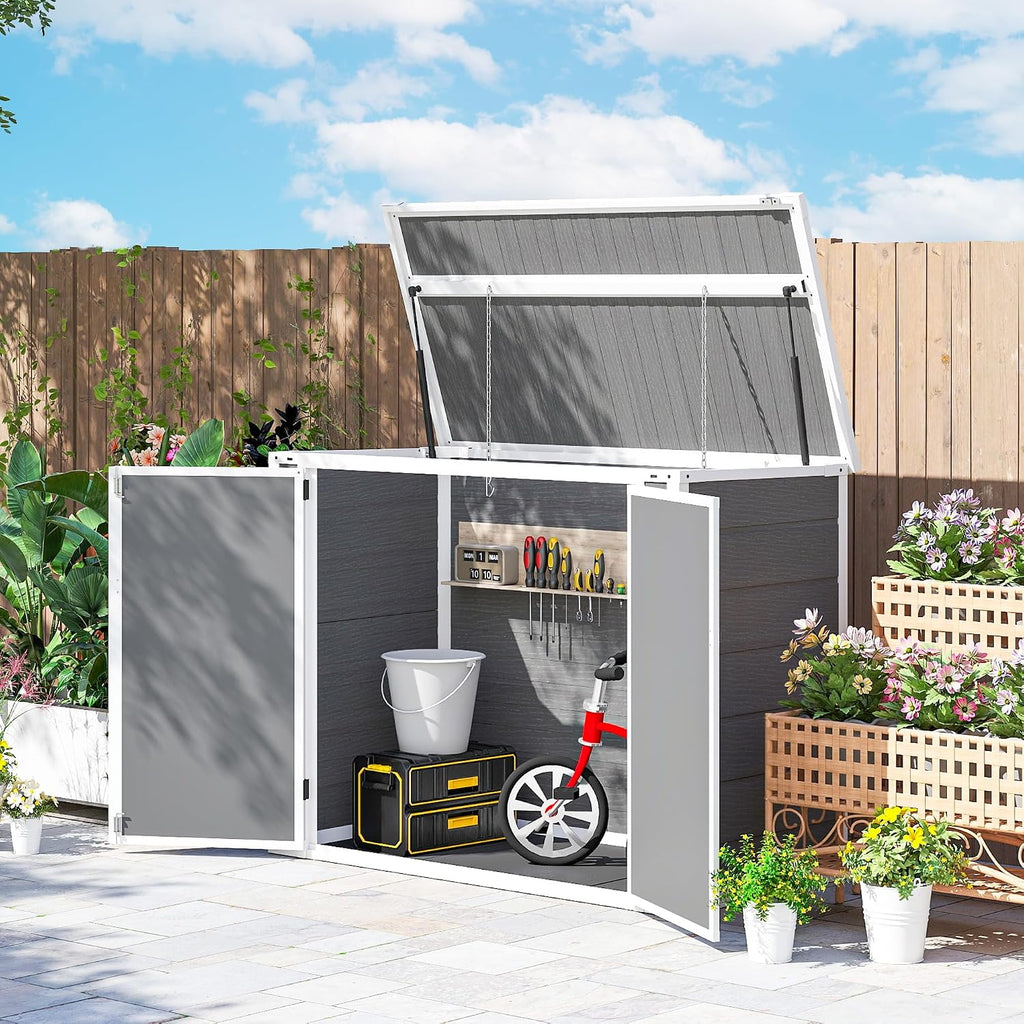 Outsunny 41 Cu. Ft. Outdoor Storage Shed with Chain Lid, Waterproof Outdoor Horizontal Trash Can Storage with Lockable Storage Box for Trash Cans, Garden Tools, Gray