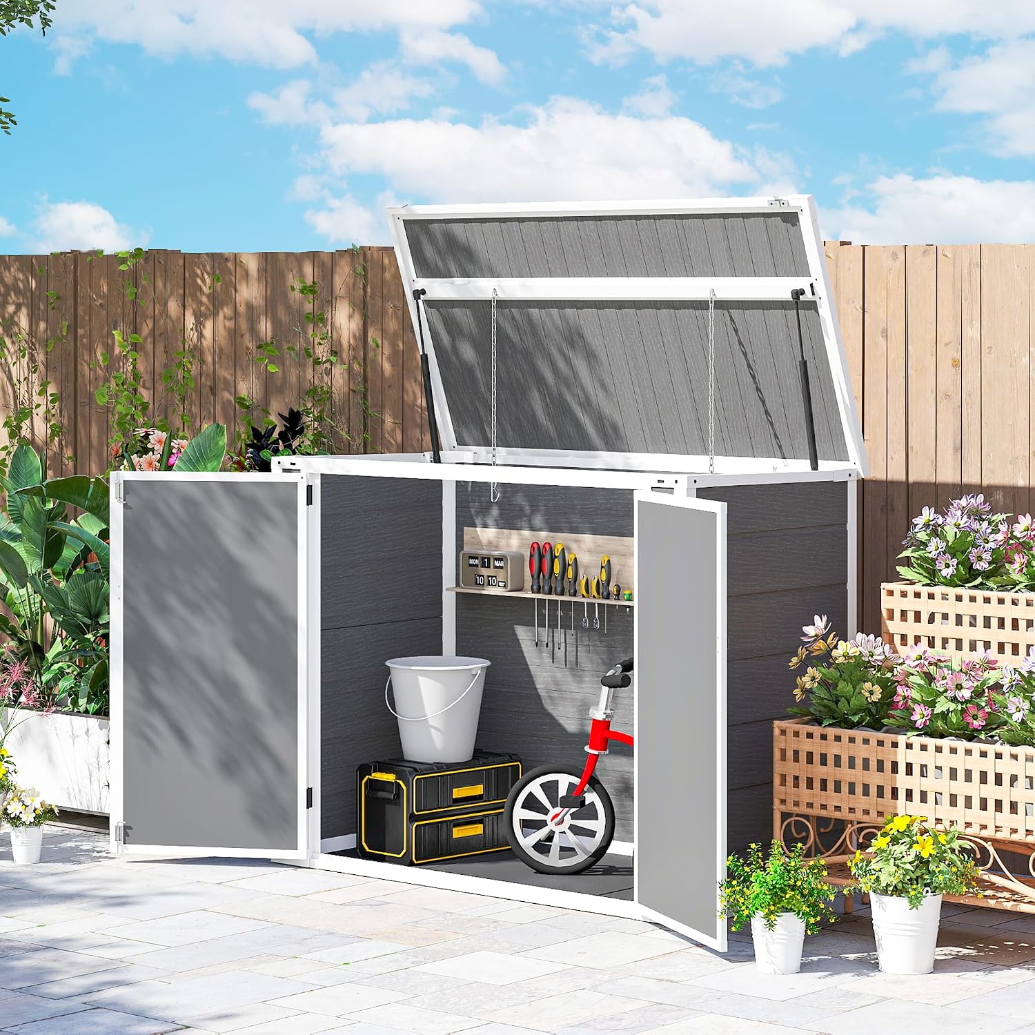 Outsunny 41 Cu. Ft. Outdoor Storage Shed with Chain Lid, Waterproof Outdoor Horizontal Trash Can Storage with Lockable Storage Box for Trash Cans, Garden Tools, Gray