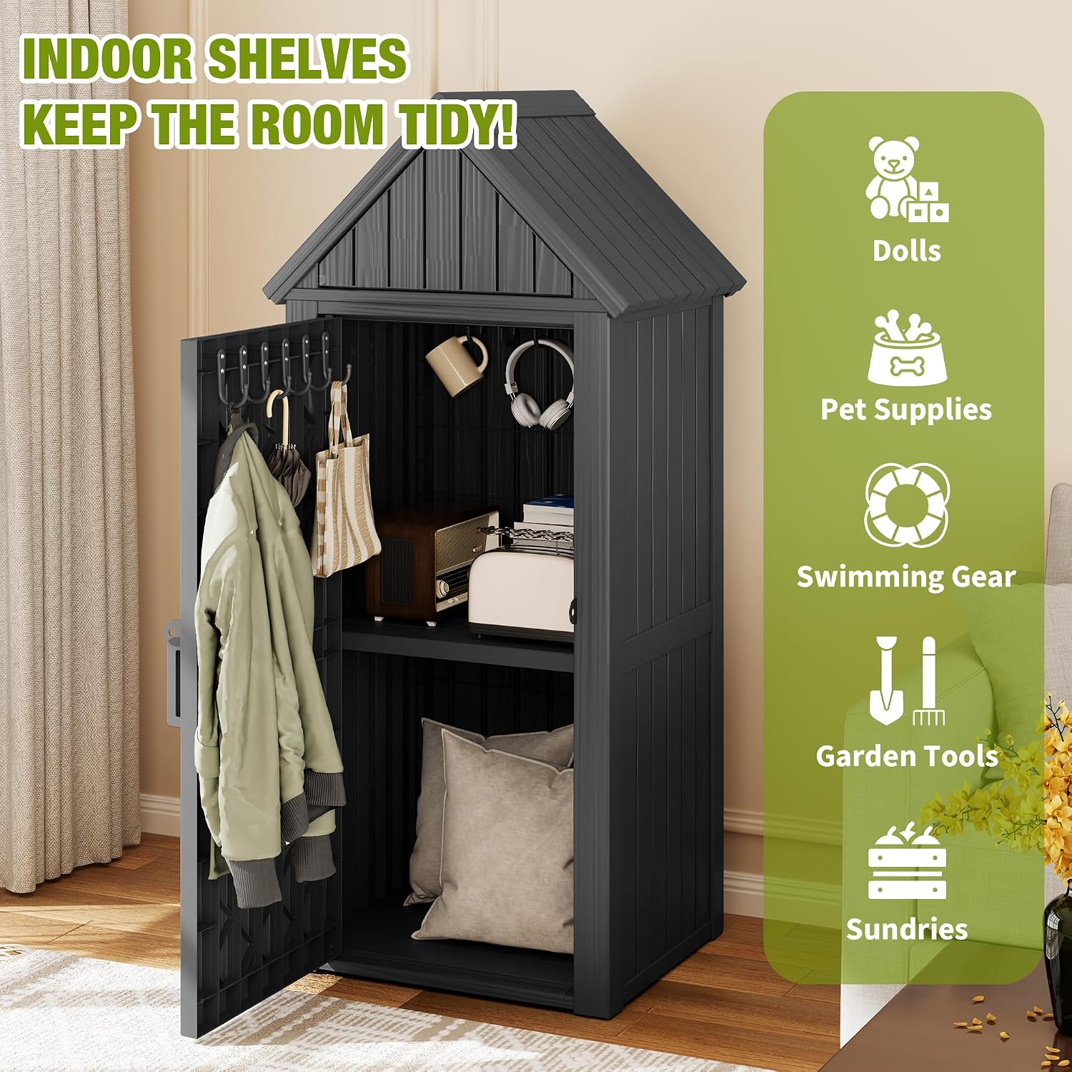 Vertical Outdoor Storage Shed, Waterproof Resin Outdoor Storage Cabinet with Removable Shelves & 12 Hooks, Lockable Small Tool Shed for Garden, Backyard, Patio, Pool, Black