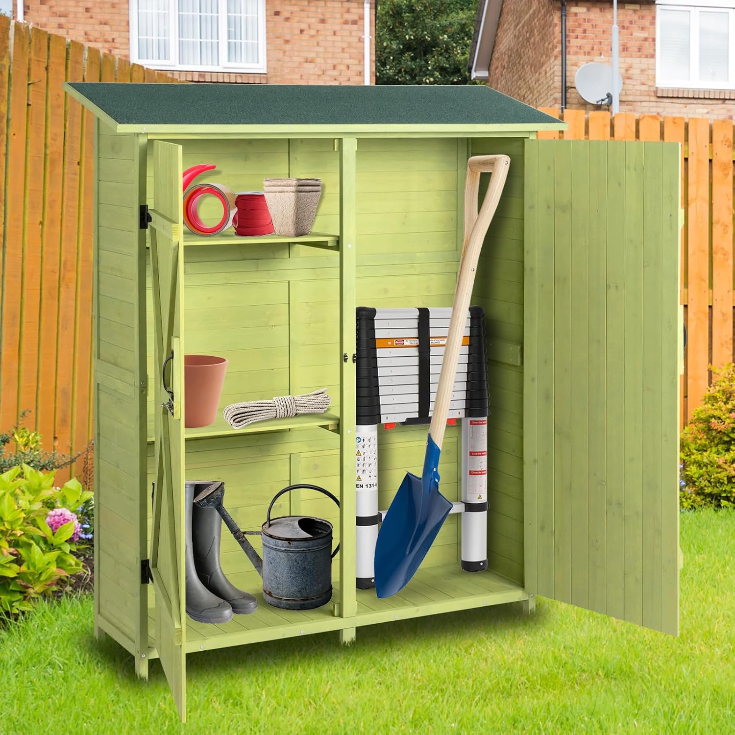 Outvita Outdoor Storage Cabinet with Waterproof Roof, Double Lockable Doors Garden Shed with 2 Removable Shelves, Wooden Storage Shed with Large Storage Space for Yard Garge Patio Deck Porch（Green）