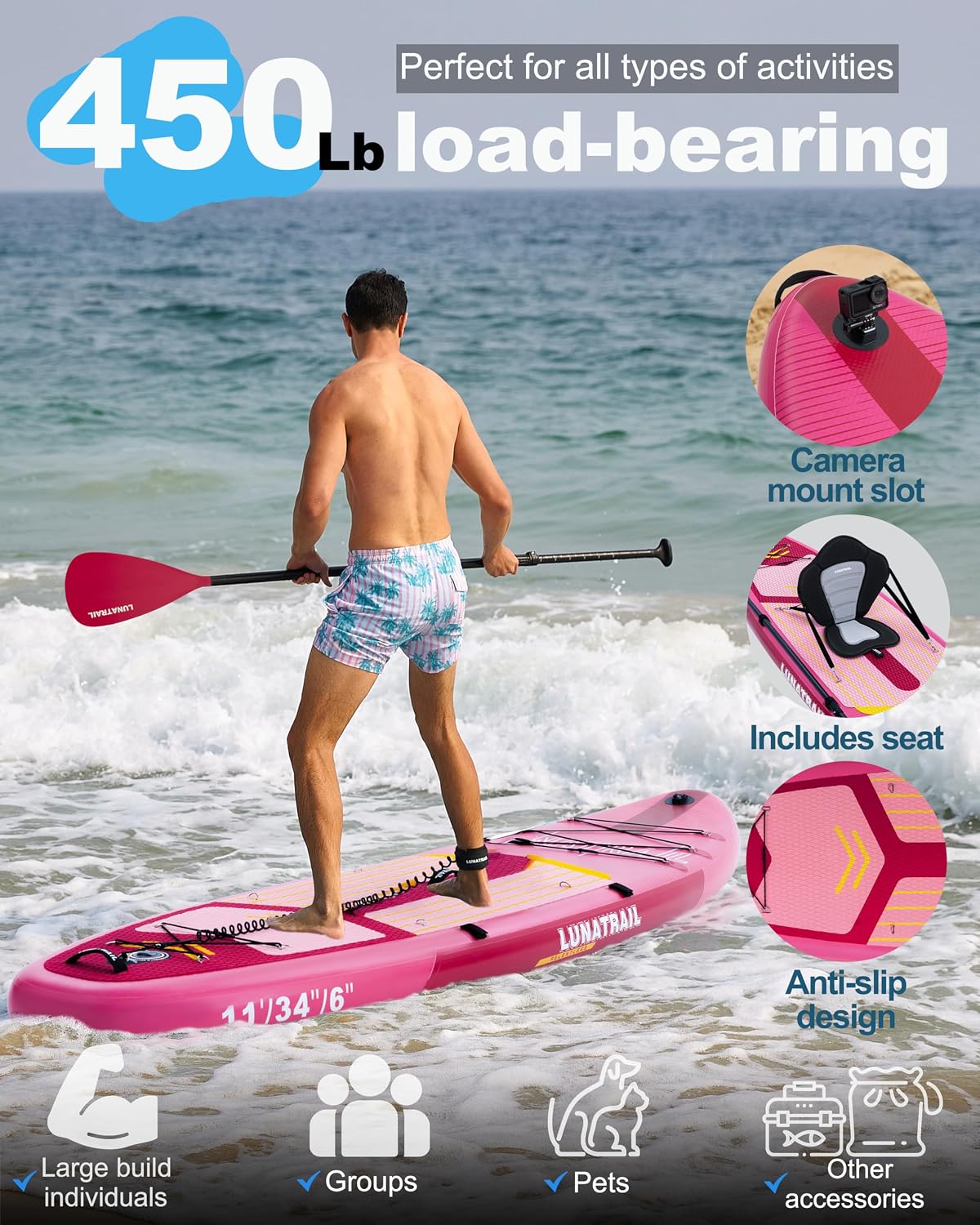 【11'×34'】 Extra Long/Extra Wide Premium Inflatable Stand Up Paddle Board (SUP) – Portable & Lightweight for Yoga, Surfing, Family Fun | Complete Kit with Paddle, Pump, Bag | Durable Design
