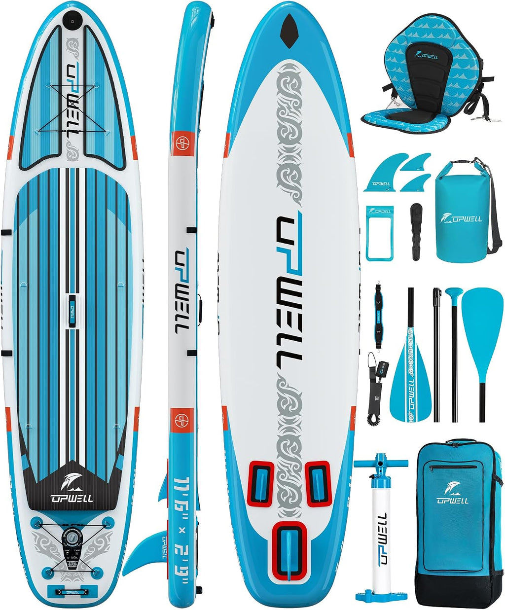 UPWELL 11'6'/11'2'/11'/10'8'/10'6'/10'2' Inflatable Stand Up Paddle Board with sup Accessories Including Backpack, Repairing Kits, Non-Slip Deck, Leash, 3 Fins, Paddle and Hand Pump