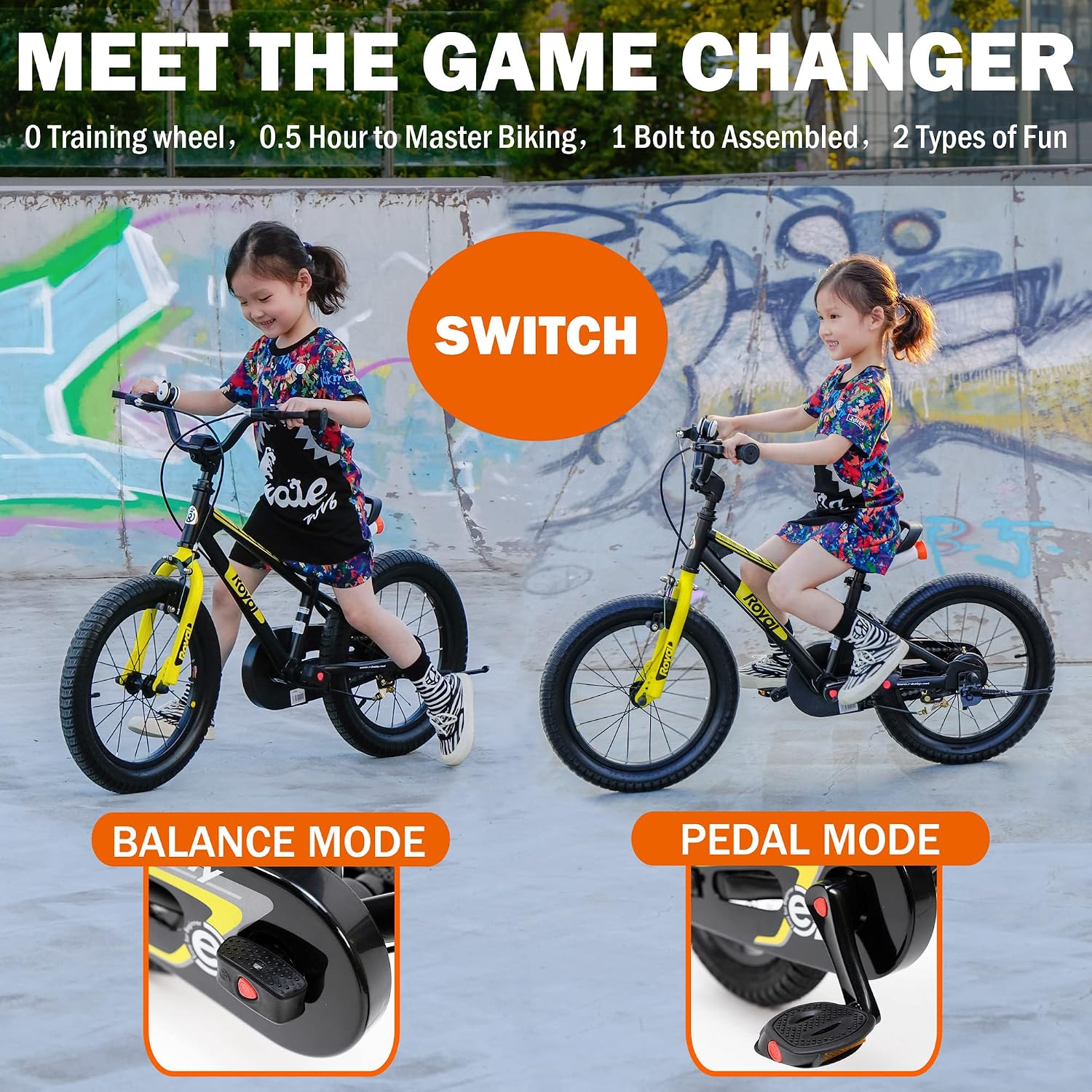 RoyalBaby EZ Kids Bike 12 14 16 18 20 Inch Balance Pedal 2-in-1 Training Bicycle Boys Girls Ages 3 to 12 Years Easy Learn for Beginners
