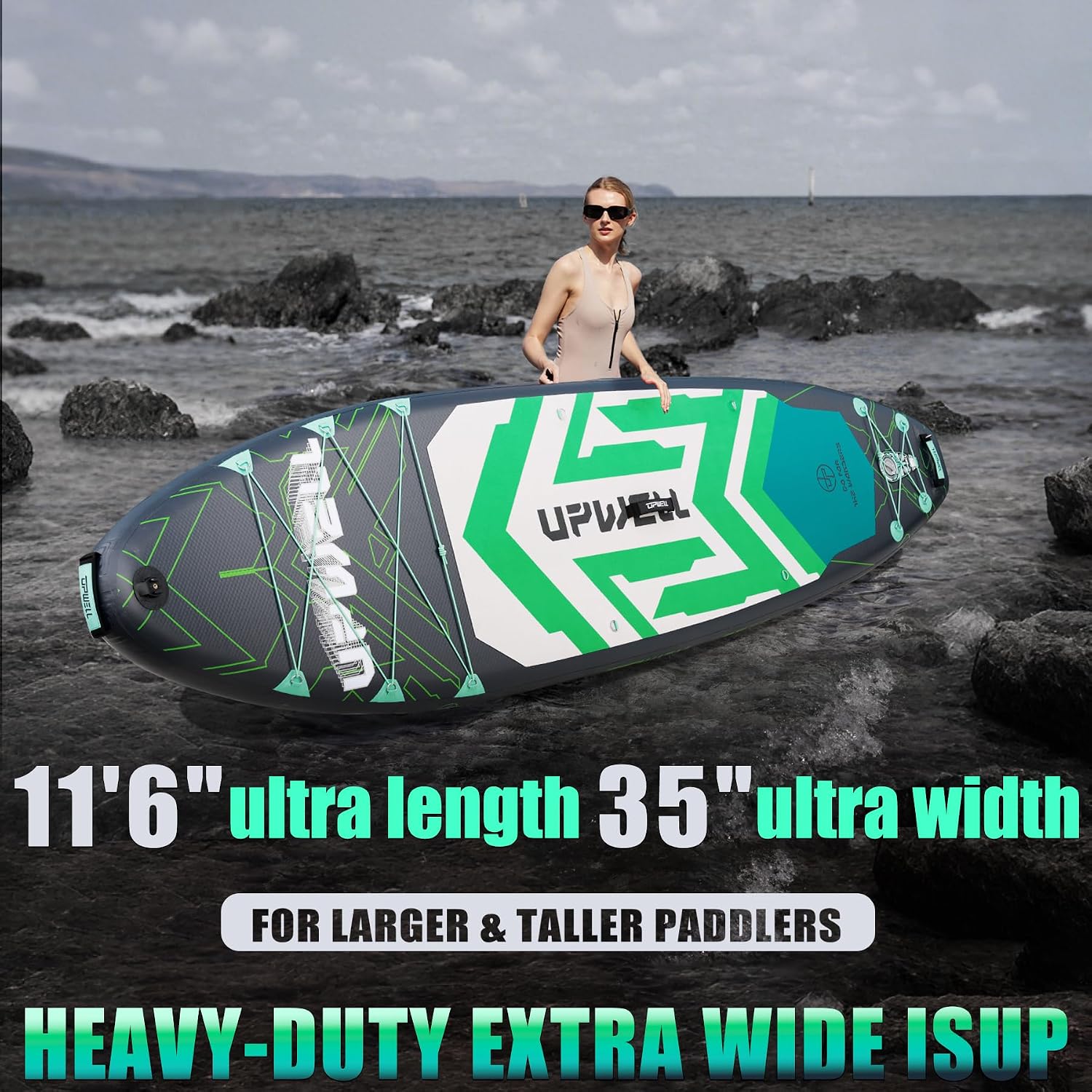 UPWELL 11'6'×35' Extra Wide Inflatable Paddle Board, Stand Up Paddle Board for Youth & Adults, Stable Design, Premium SUP Accessories, 120L Backpack, 10L Dry Bag, Paddle, Leash, Hand Pump, US Fins